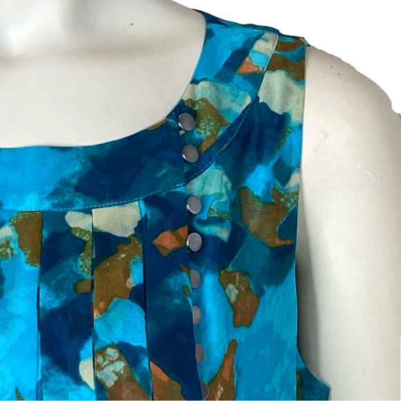 Calvin Klein Sleeveless Pleated Shift Dress Size 10 Turquoise Multicolor Print - Picture 3 of 14
